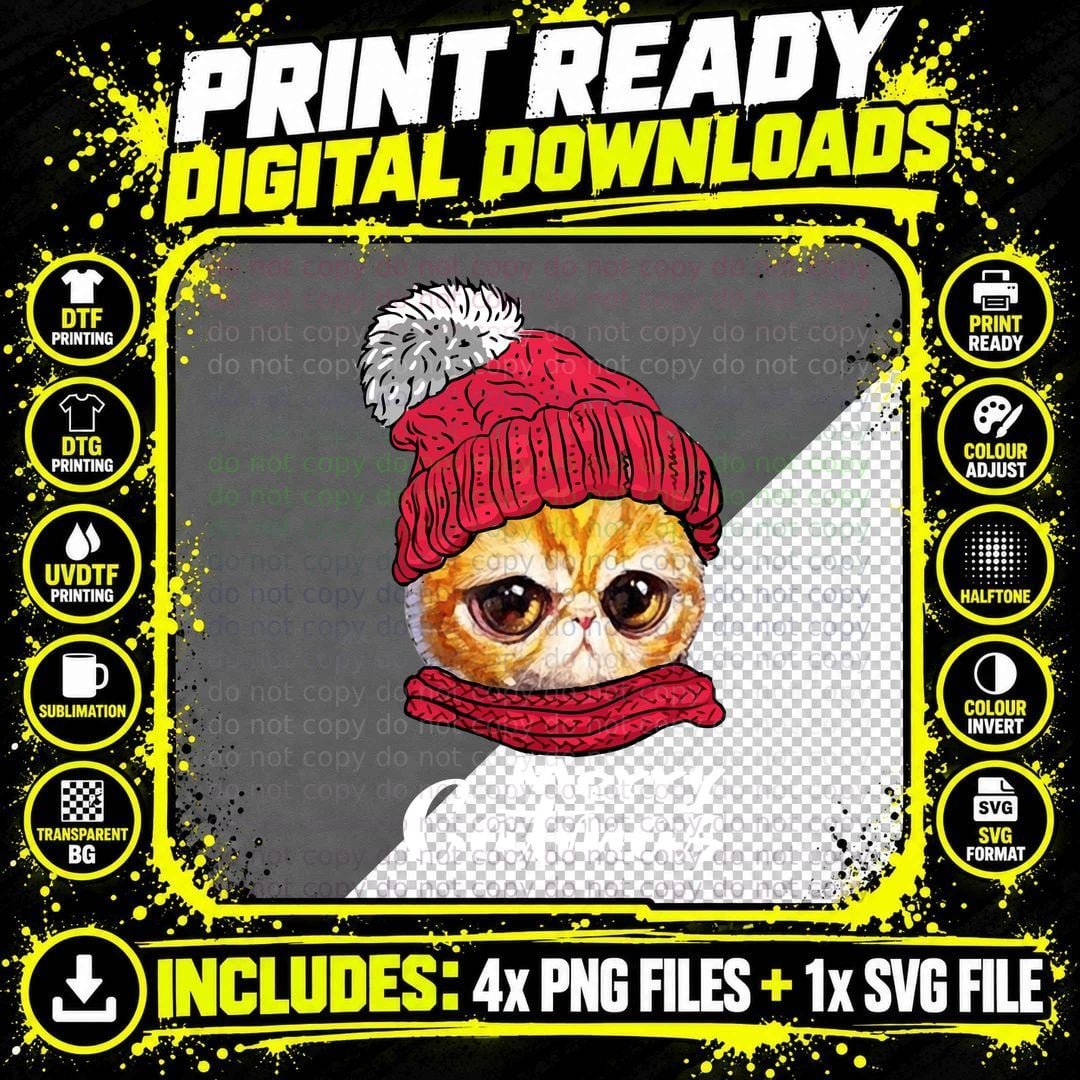 Cat in Winter Hat T-Shirt, Festive Pet Apparel Png SVG Digital Bundle