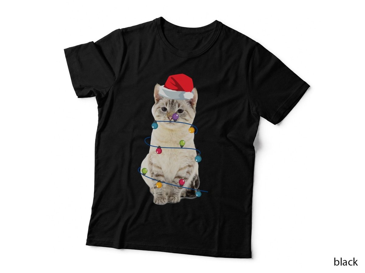 Cat with Christmas Lights T-Shirt, Festive Holiday Print, Pet Lover Apparel