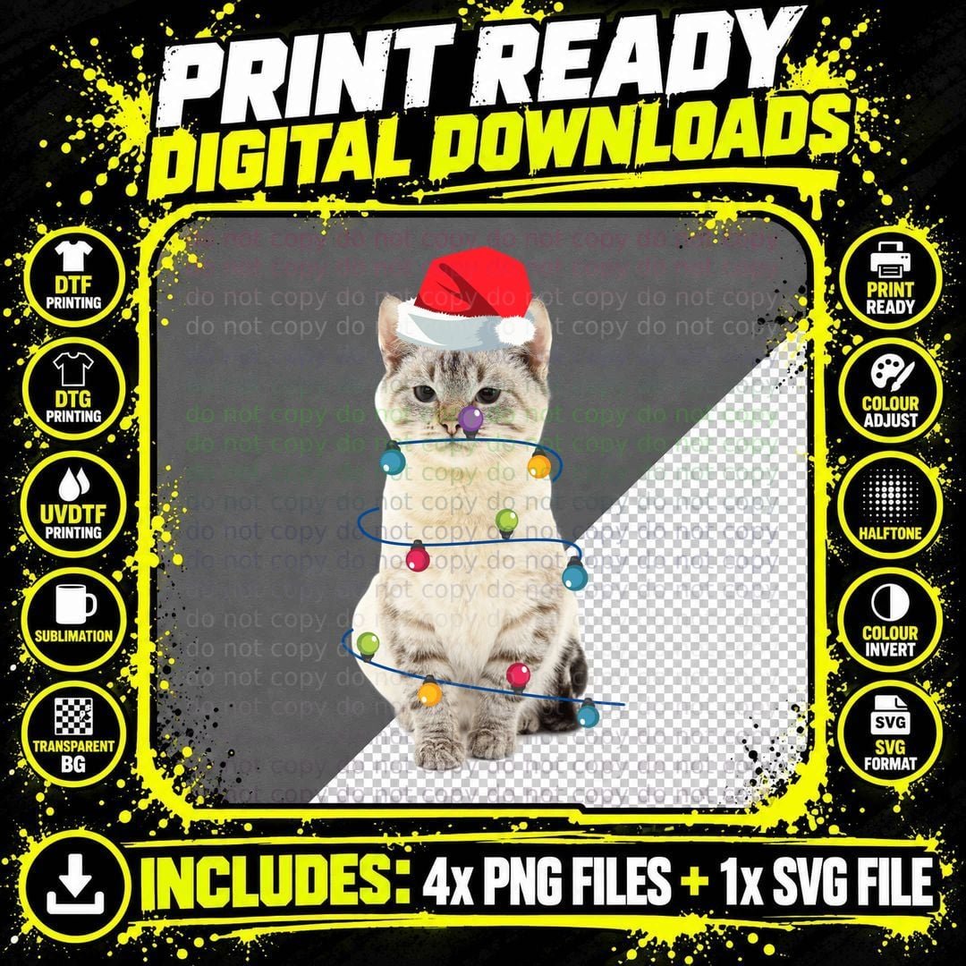 Cat with Christmas Lights T-Shirt, Festive Holiday Print Png SVG Digital Bundle