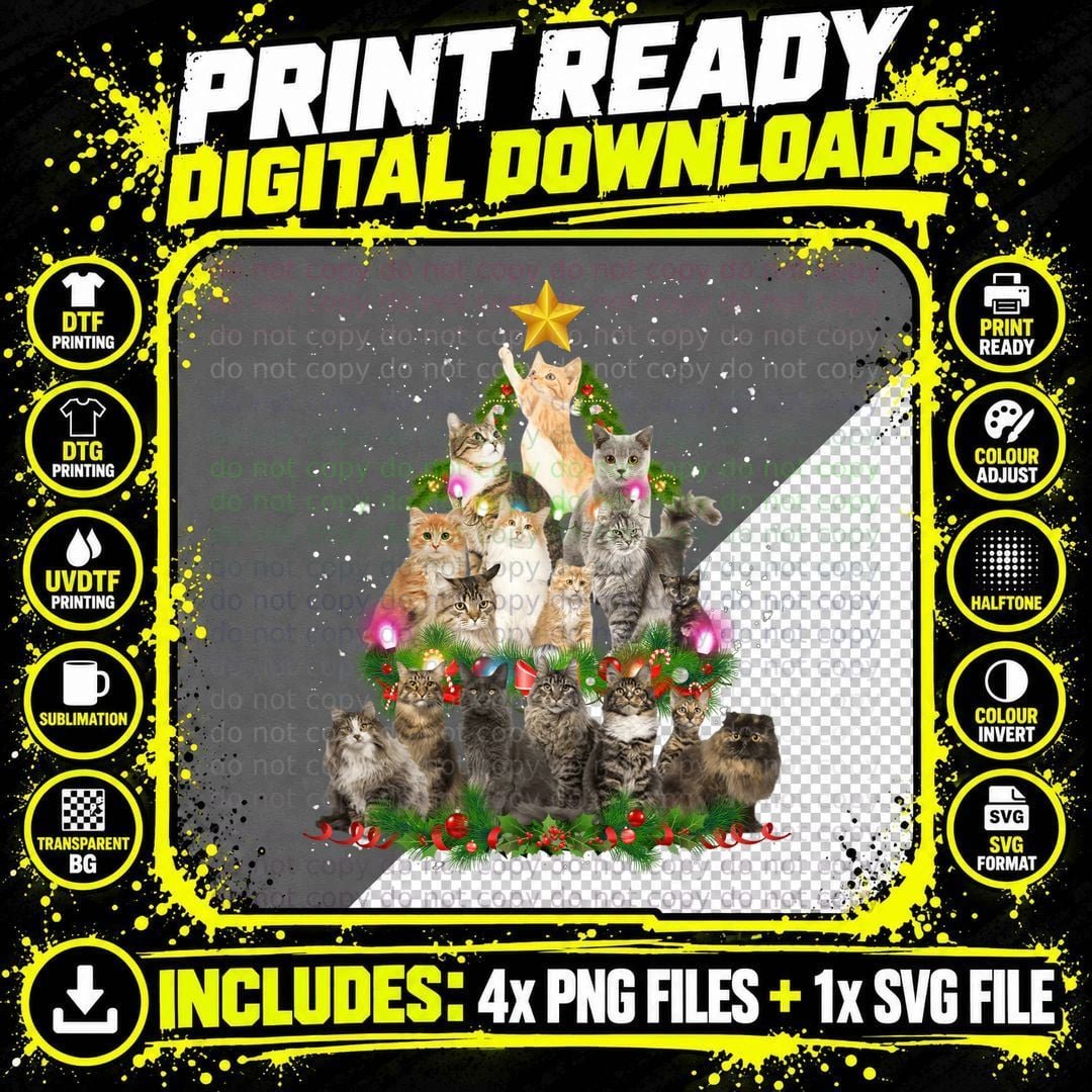 Cats Christmas Tree T-Shirt, Festive Pet Lover Apparel Png SVG Digital Bundle