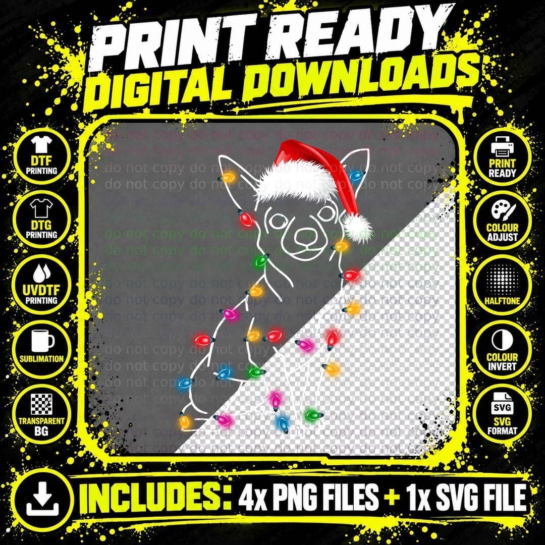 Chihuahua Christmas Lights Santa Hat T-Shirt Png SVG Digital Bundle