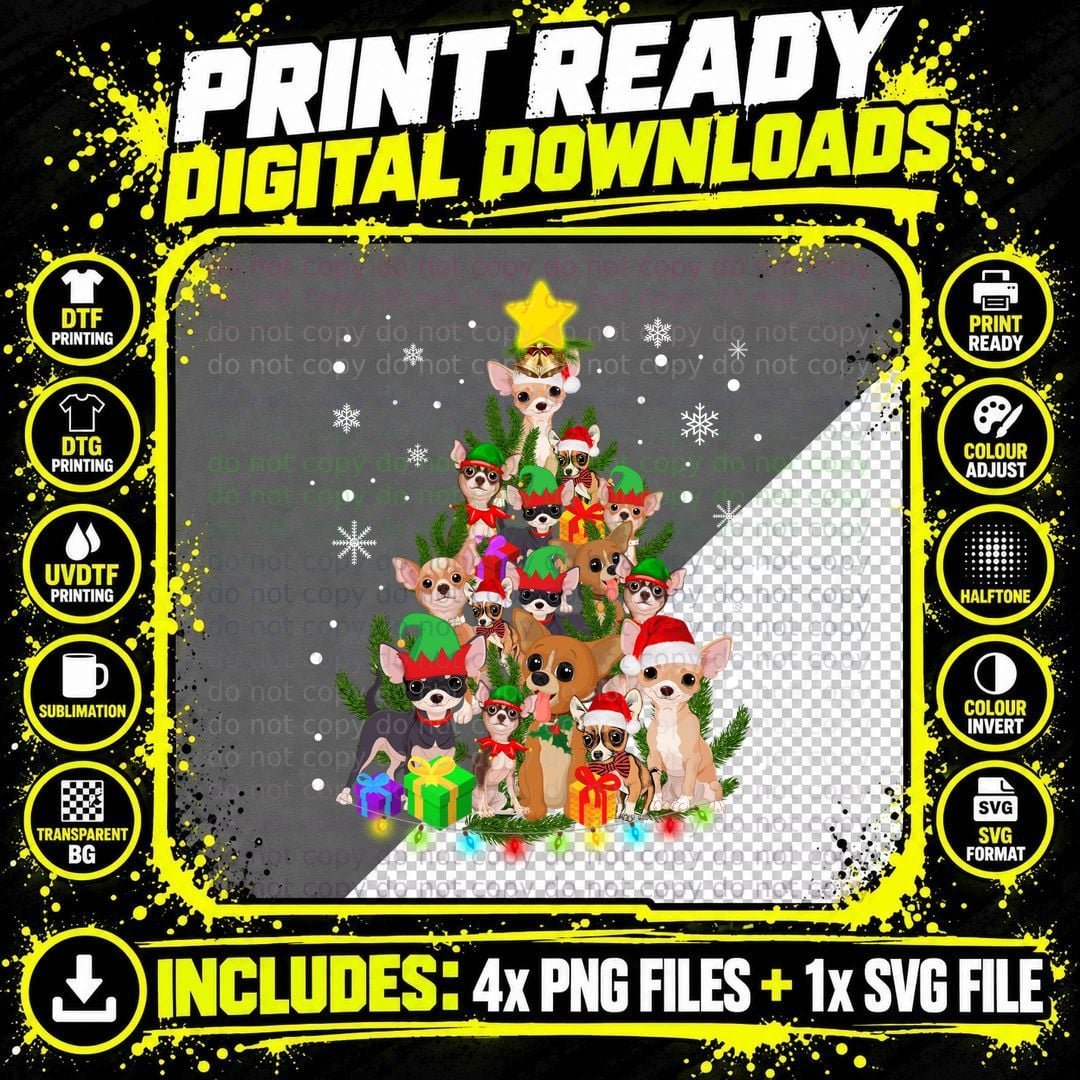 Chihuahua Christmas Tree T-Shirt, Festive Pet Theme Png SVG Digital Bundle