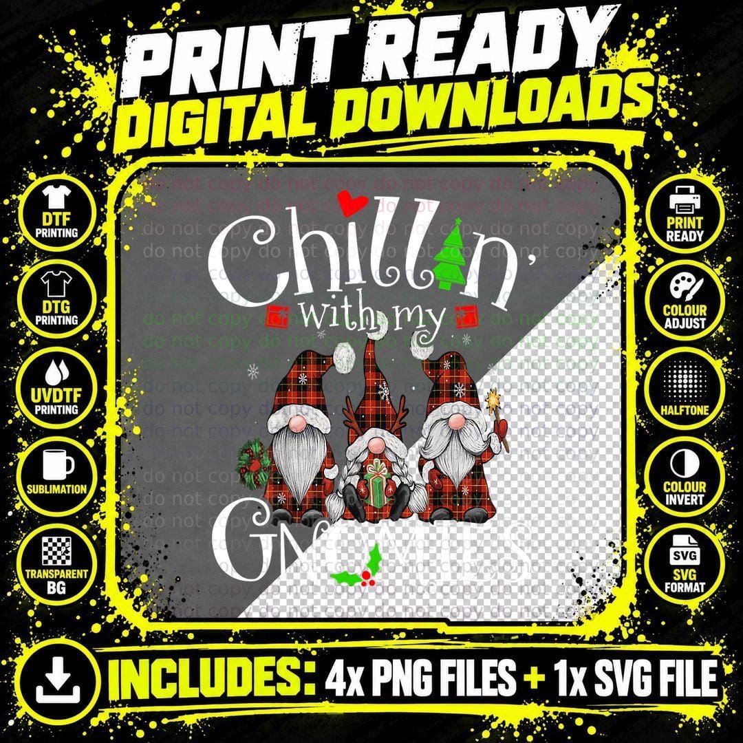 Chillin with My Gnomies, Christmas Red Gnomes Plaid Png SVG Digital Bundle