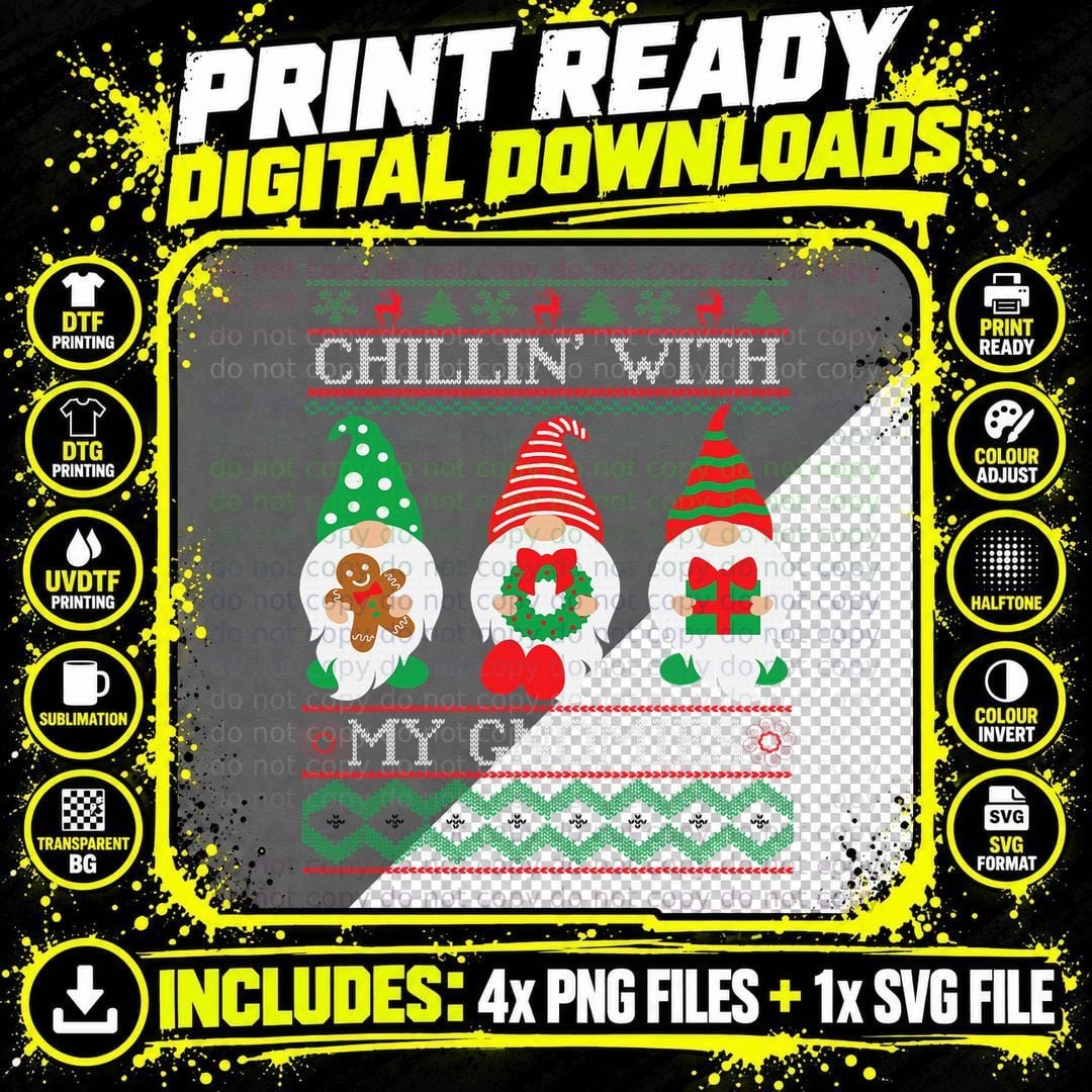 Chilling with My Gnomies Santa Gnome Christmas Gift Png SVG Digital Bundle