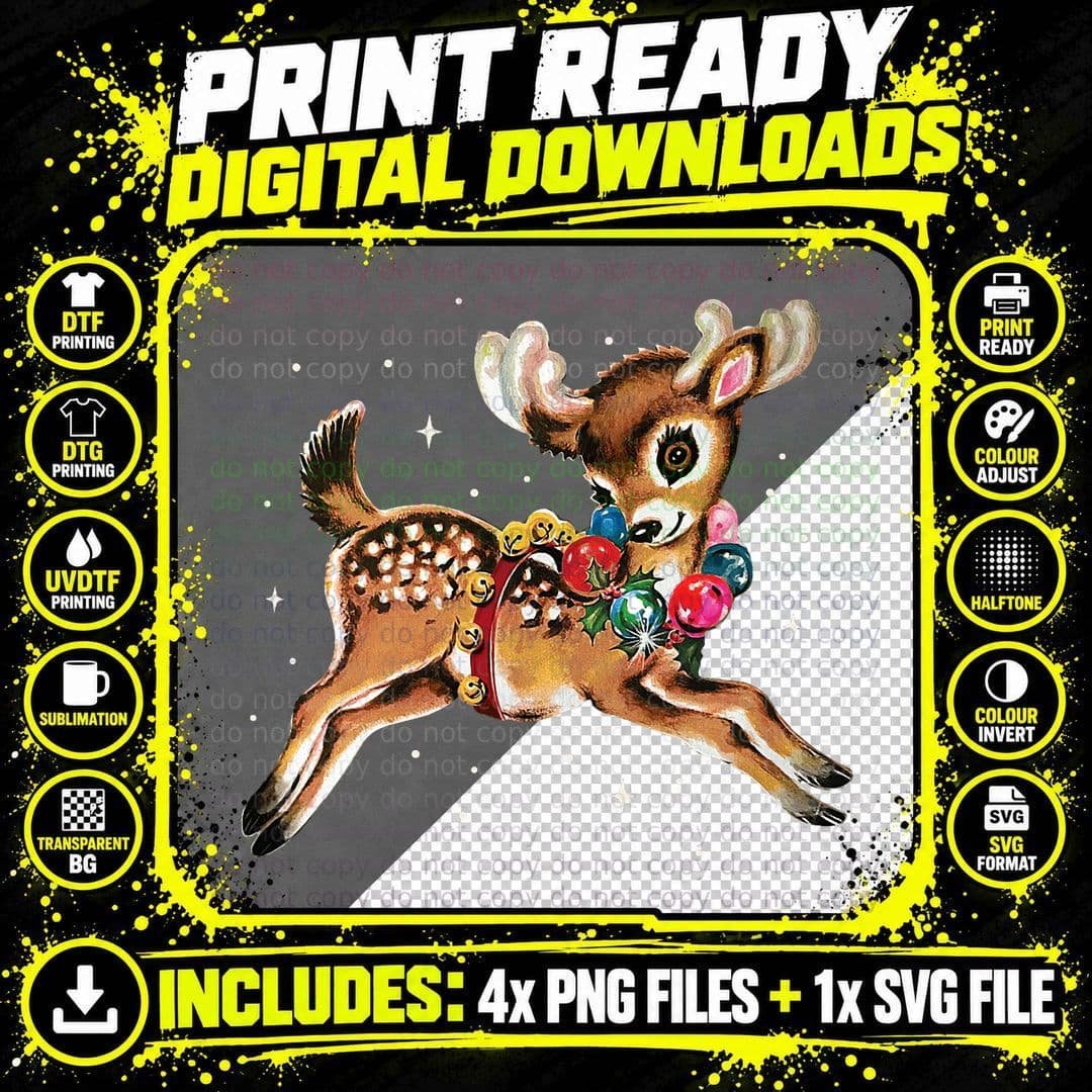 Christmas - Vintage Reindeer T-Shirt Png SVG Digital Bundle
