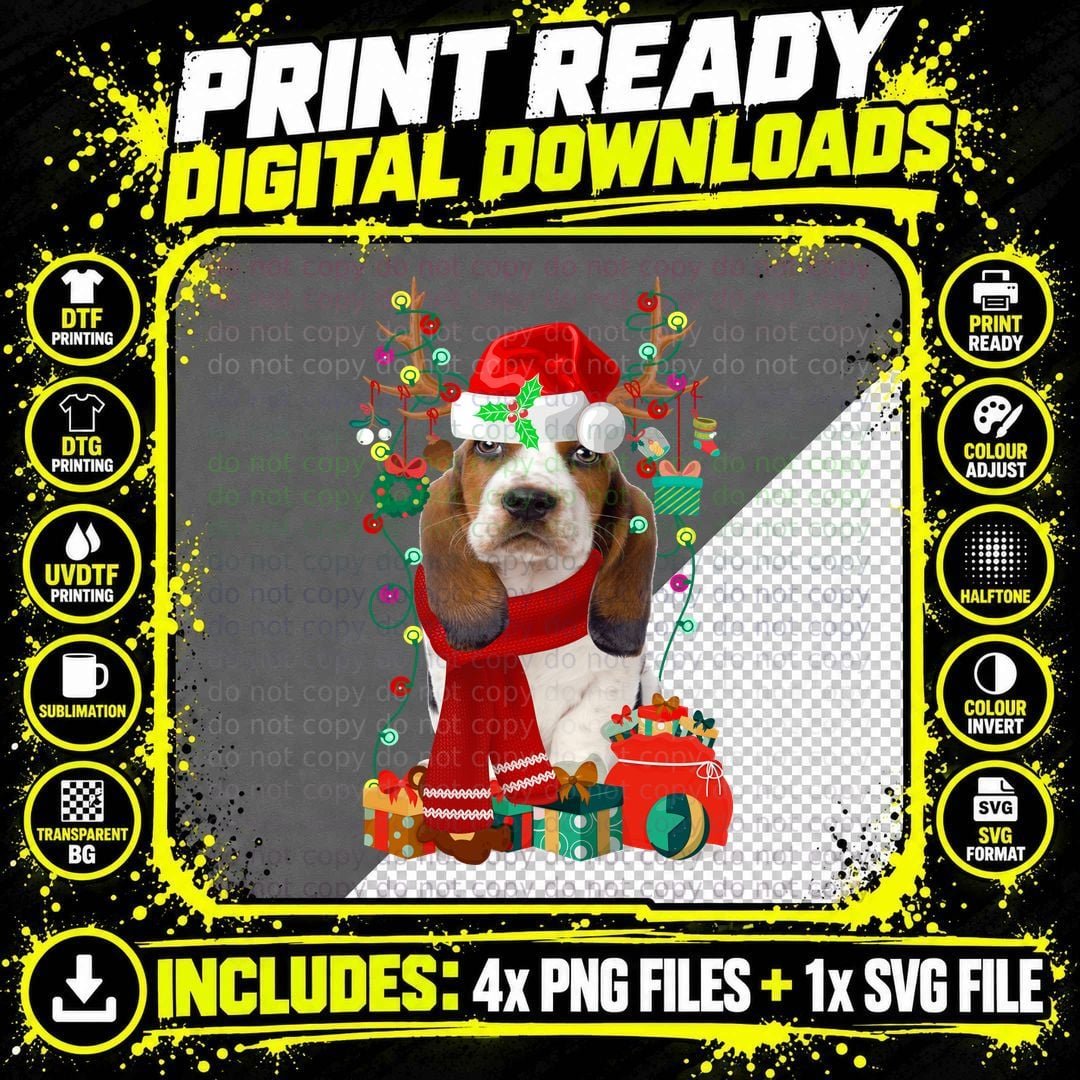 Christmas Basset Hound T-Shirt, Festive Holiday Print Png SVG Digital Bundle
