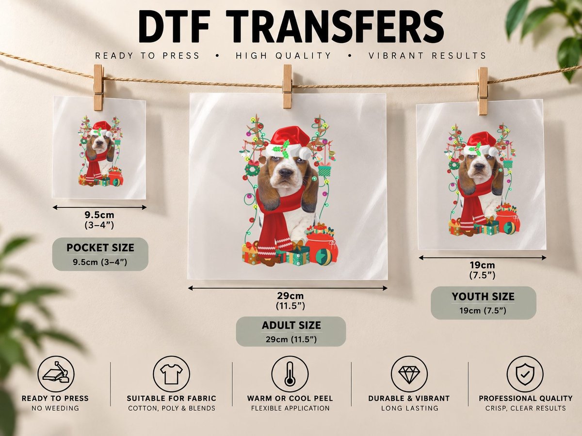 Christmas Basset Hound, Festive Holiday Print, Pet Lover DTF Transfer Iron On