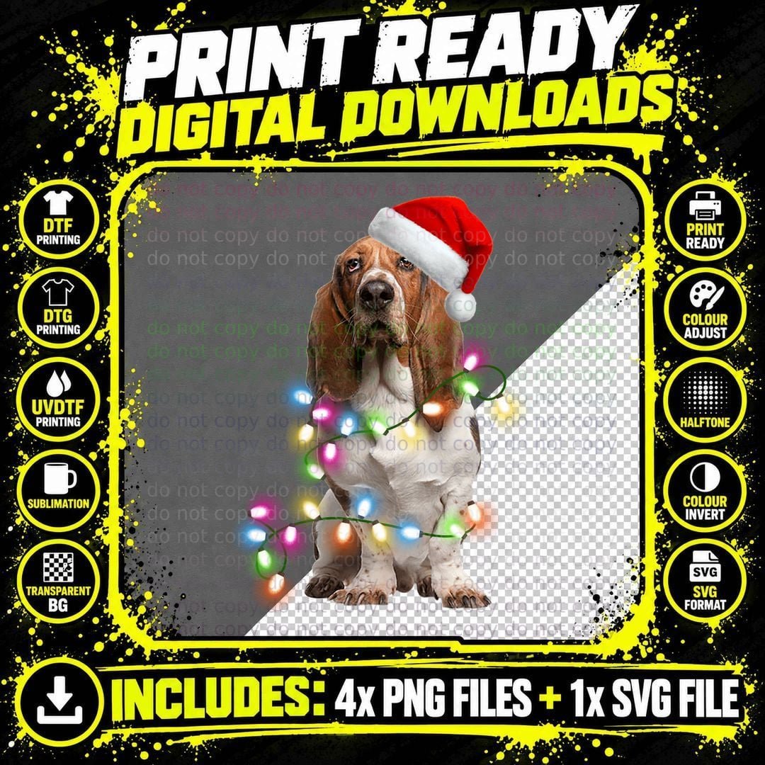 Christmas Basset Hound T-Shirt, Festive Pet Design Png SVG Digital Bundle