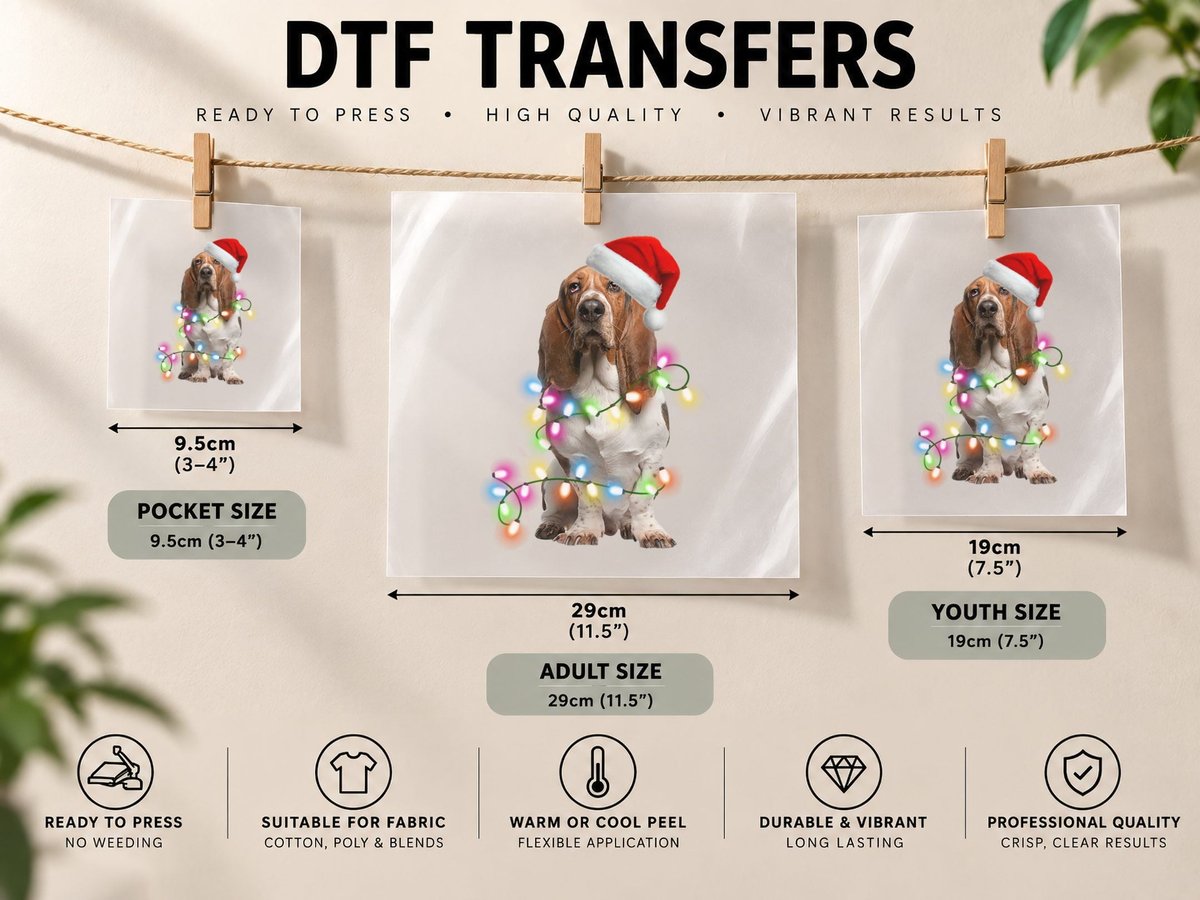 Christmas Basset Hound, Festive Pet Design DTF Transfer Iron On