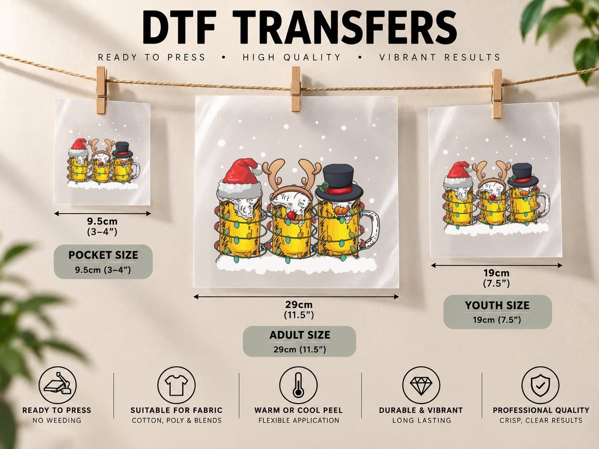 Christmas Beer Mug, Festive Holiday Theme DTF Transfer Iron On