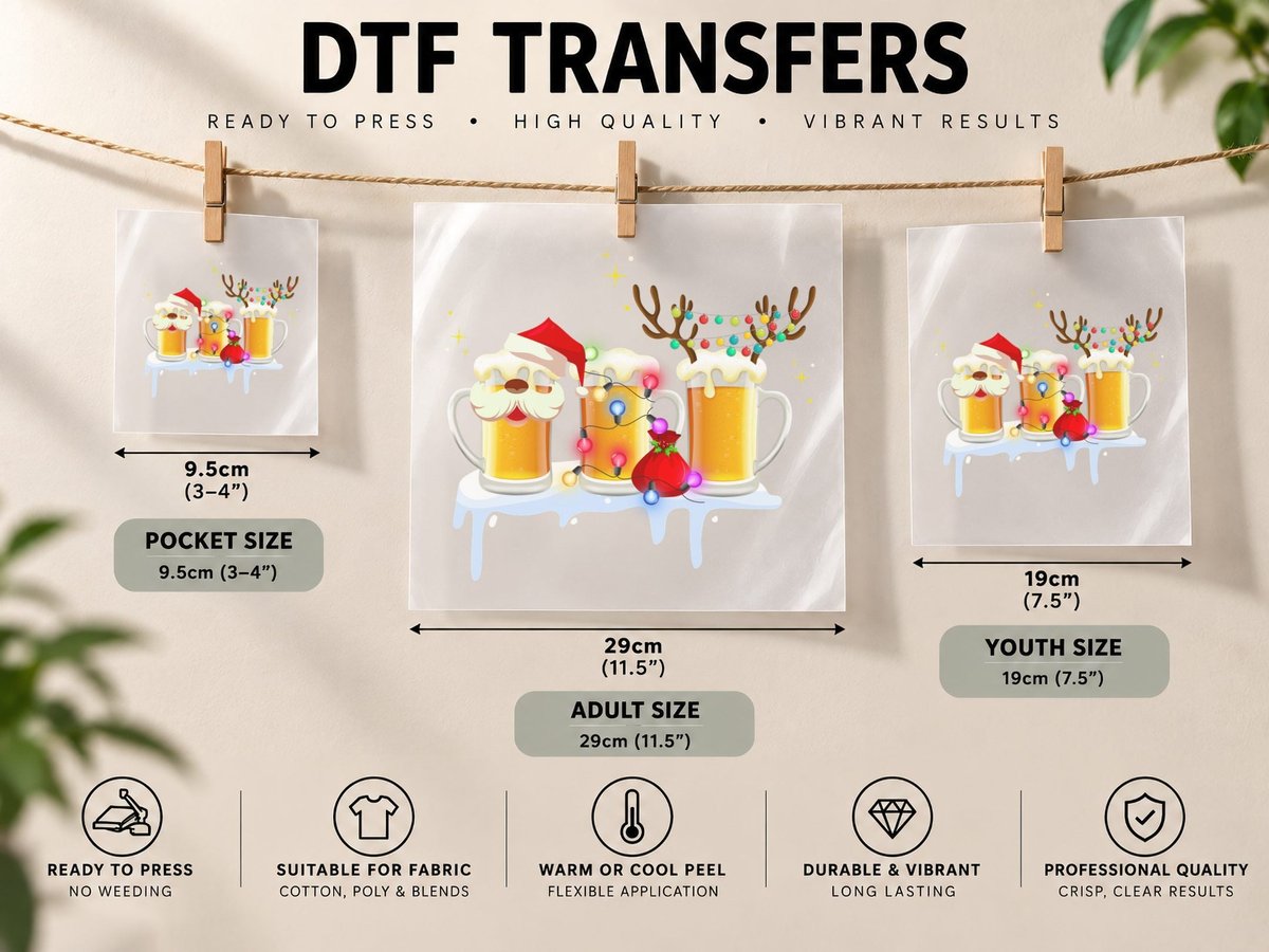 Christmas Beer Mug, Festive Holiday Theme DTF Transfer Iron On