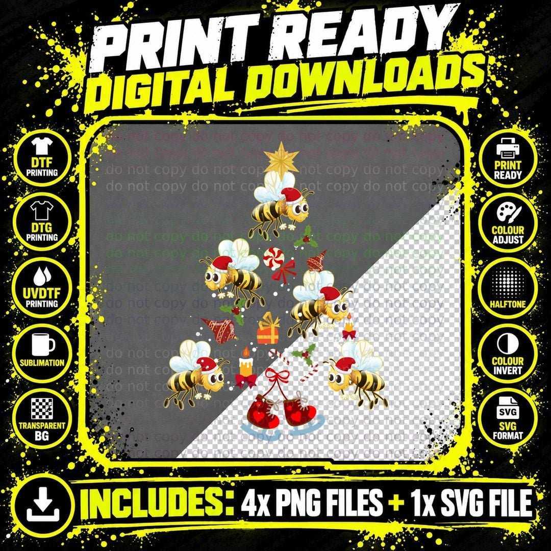 Christmas Bees T-Shirt, Festive Holiday Print Png SVG Digital Bundle