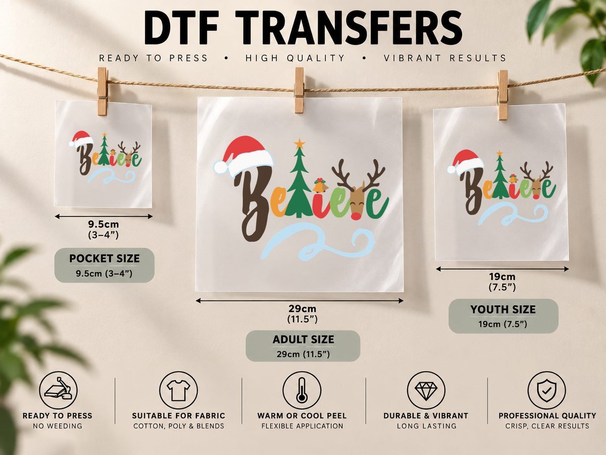 Christmas Believe, Festive Holiday Print, Christmas DTF Transfer Iron On