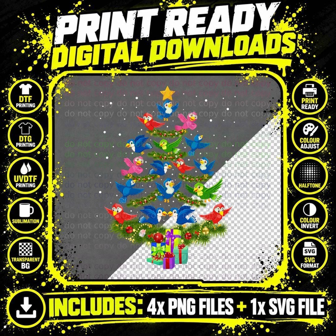 Christmas Bird Tree T-Shirt, Festive Holiday Print Png SVG Digital Bundle