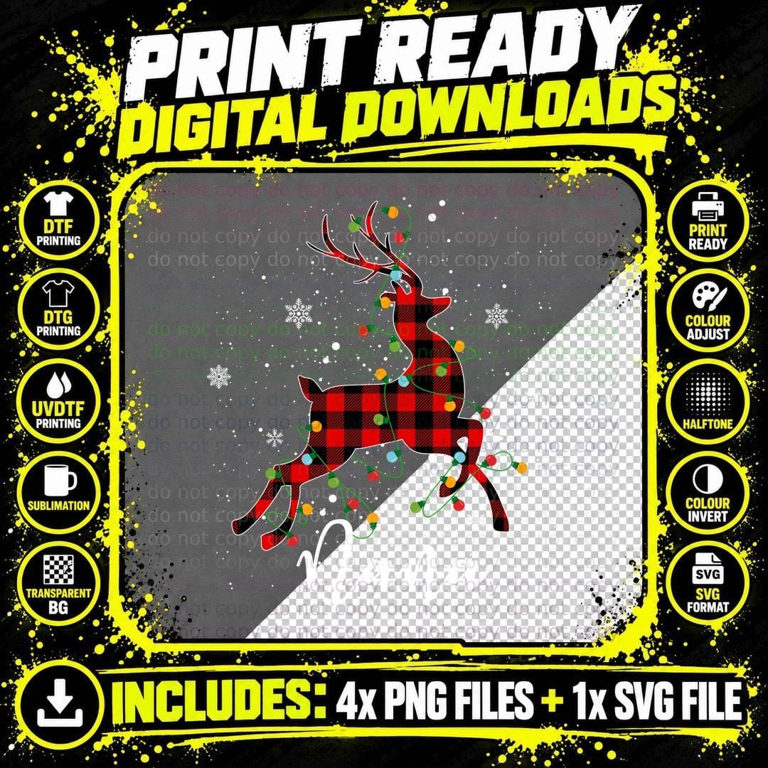 Christmas Buffalo Plaid Reindeer T-Shirt Png SVG Digital Bundle