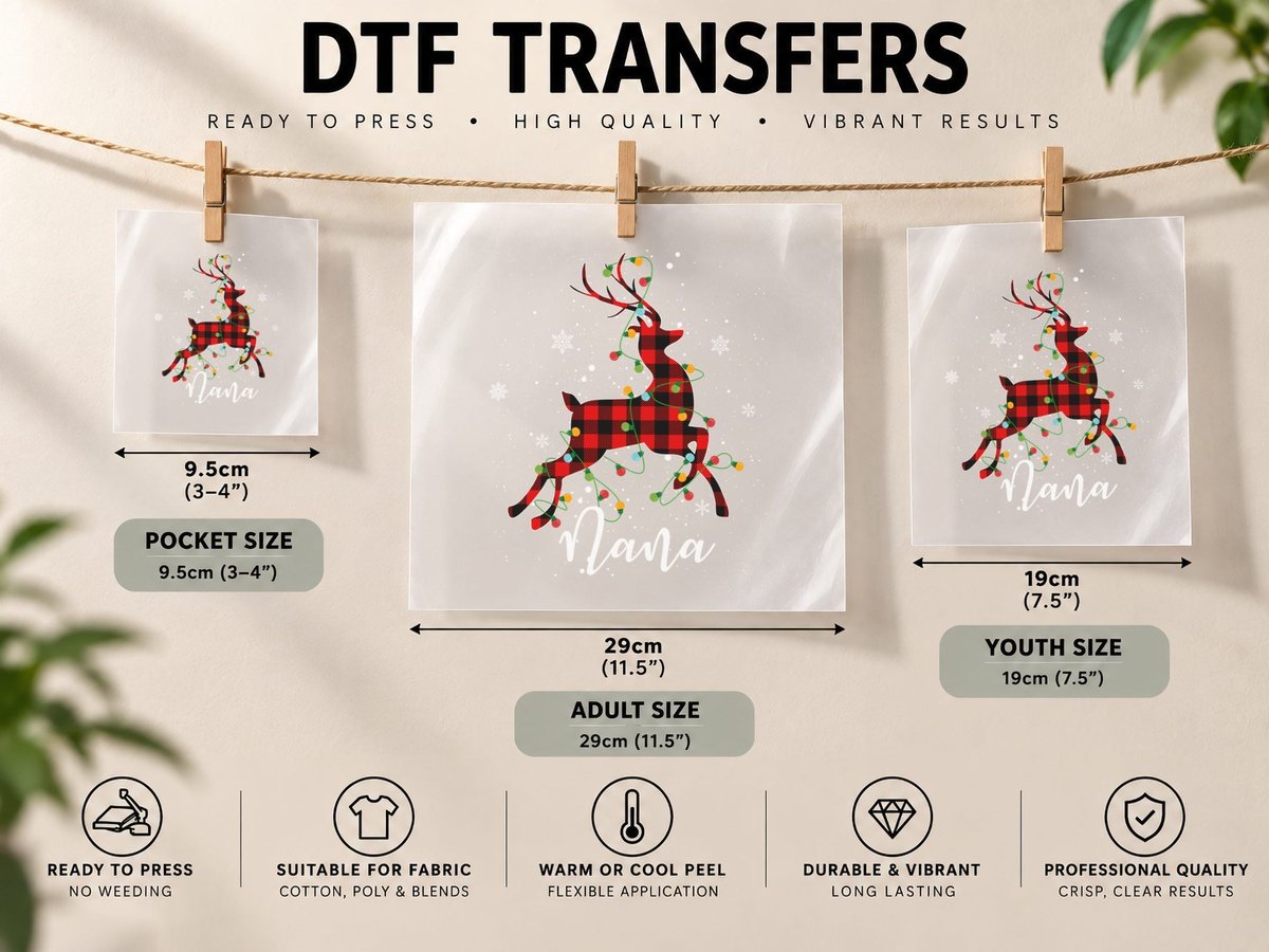 Christmas Buffalo Plaid Reindeer, Festive Holiday Style DTF Transfer Iron On