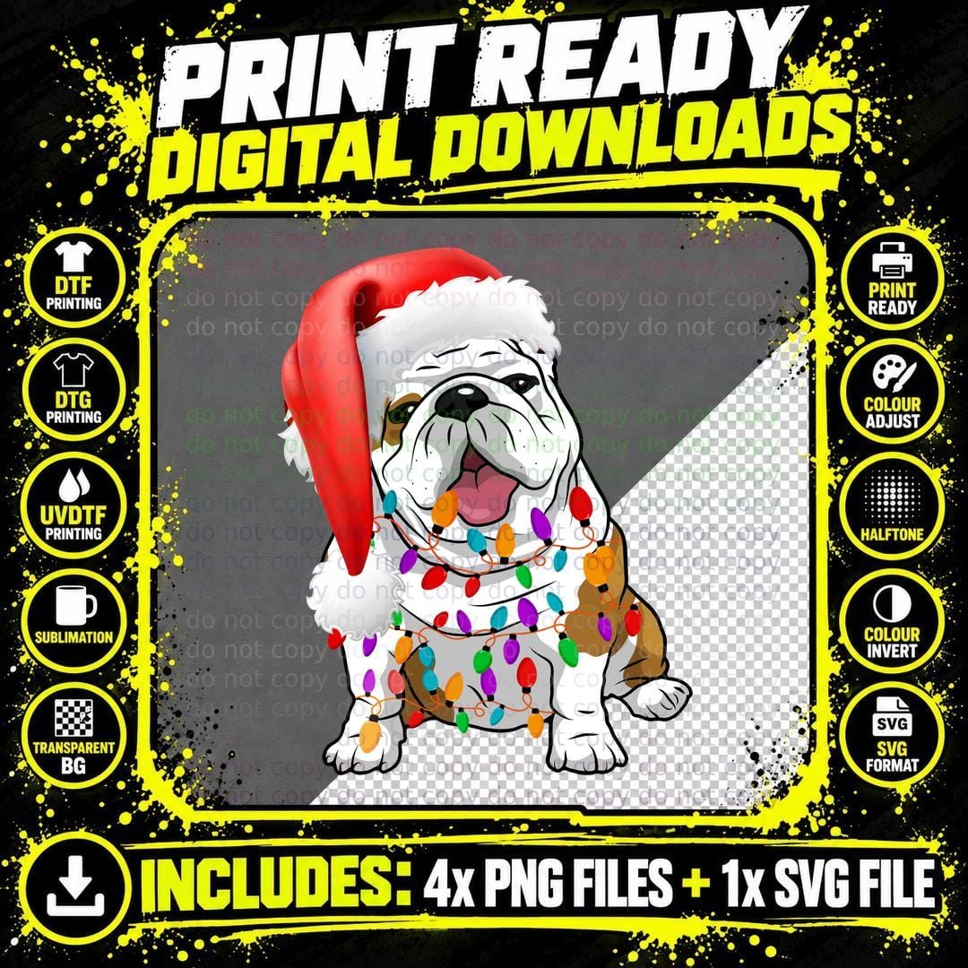Christmas Bulldog T-Shirt, Festive Pet Lover Apparel Png SVG Digital Bundle