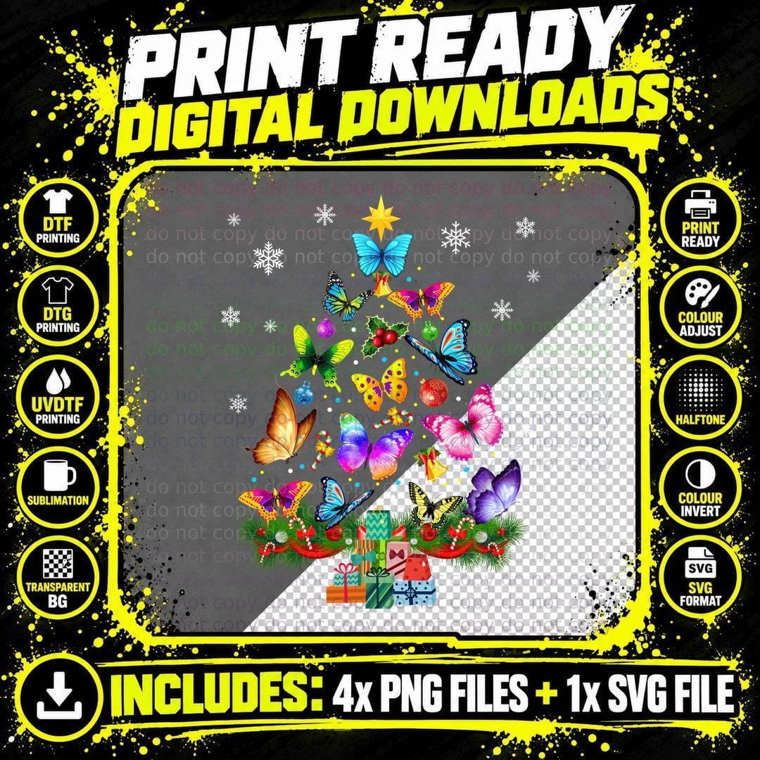Christmas Butterfly T-Shirt, Festive Holiday Print Png SVG Digital Bundle