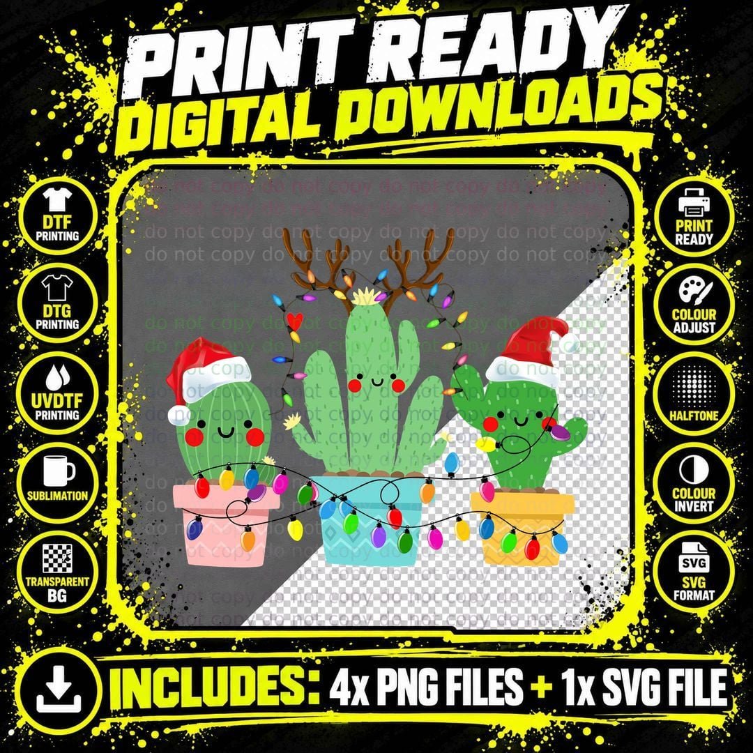 Christmas Cactus T-Shirt, Festive Holiday Design Png SVG Digital Bundle