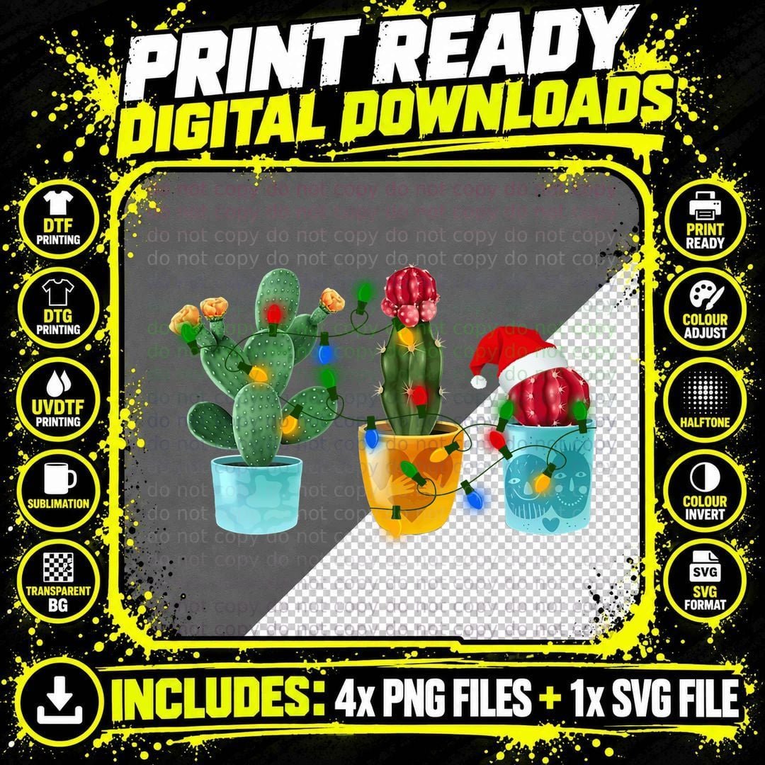 Christmas Cactus T-Shirt, Festive Holiday Print Png SVG Digital Bundle