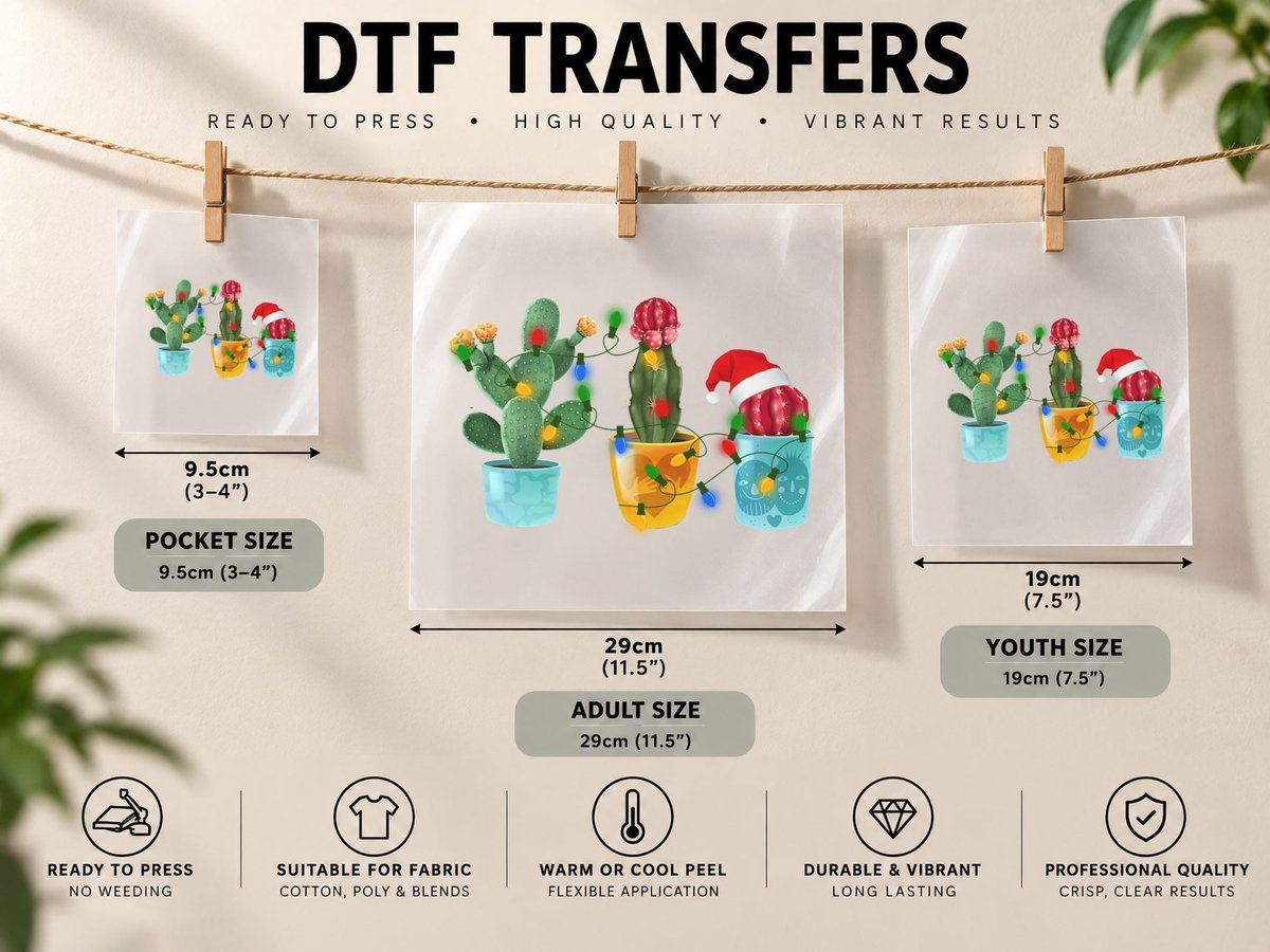 Christmas Cactus, Festive Holiday Print, Holiday Vibes DTF Transfer Iron On