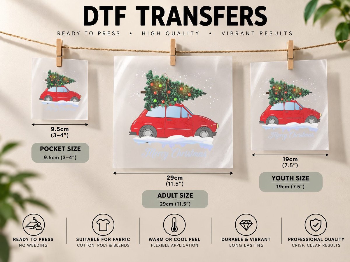 Christmas Car with Tree, Festive Holiday Print DTF Transfer Iron On