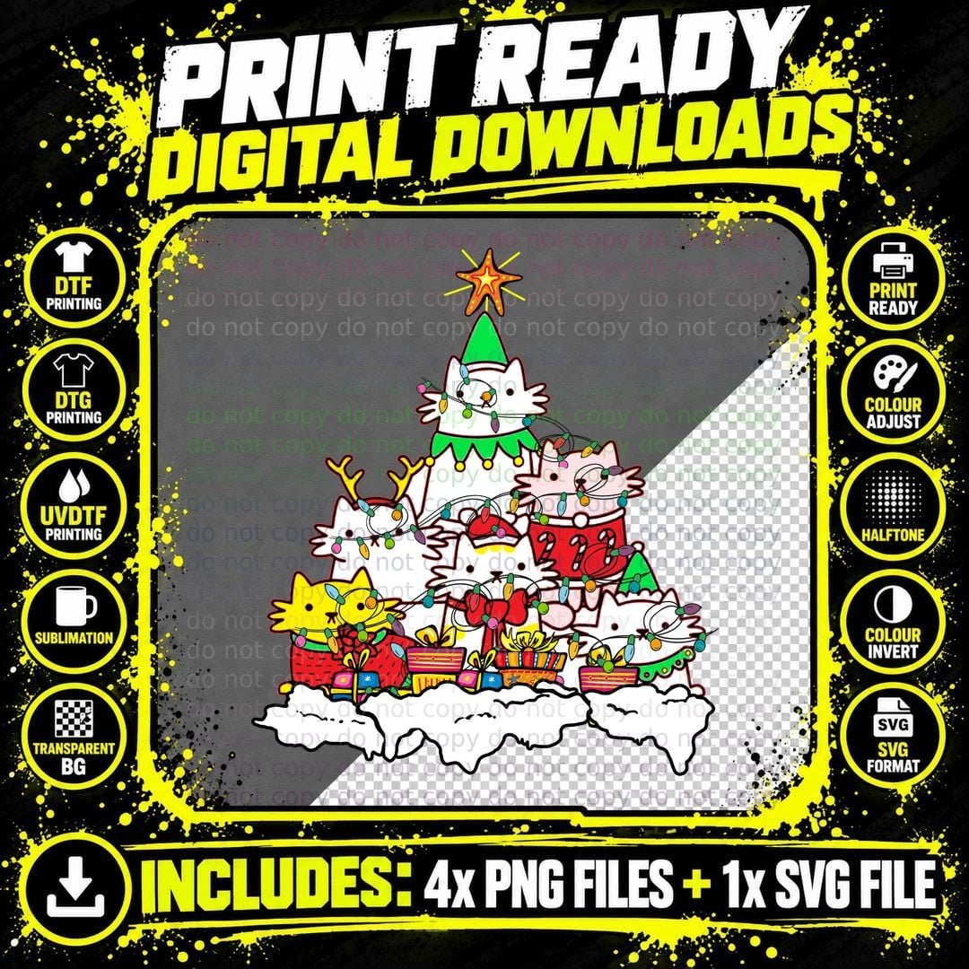 Christmas Cat Tree T-Shirt, Festive Holiday Print Png SVG Digital Bundle