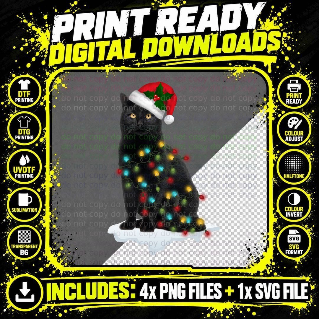 Christmas Cat with Lights T-Shirt, Festive Holiday Print Png SVG Digital Bundle
