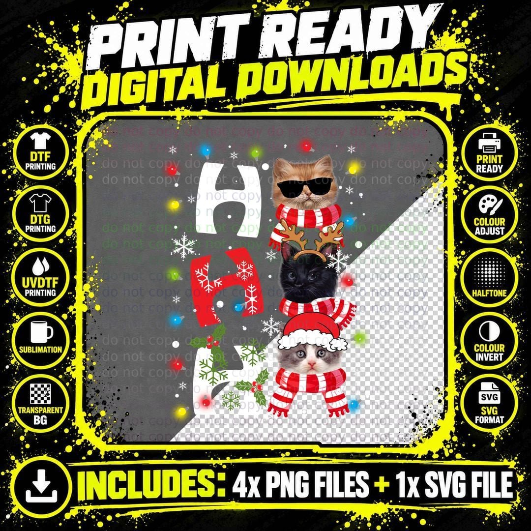 Christmas Cats T-Shirt, Festive Holiday Print Png SVG Digital Bundle