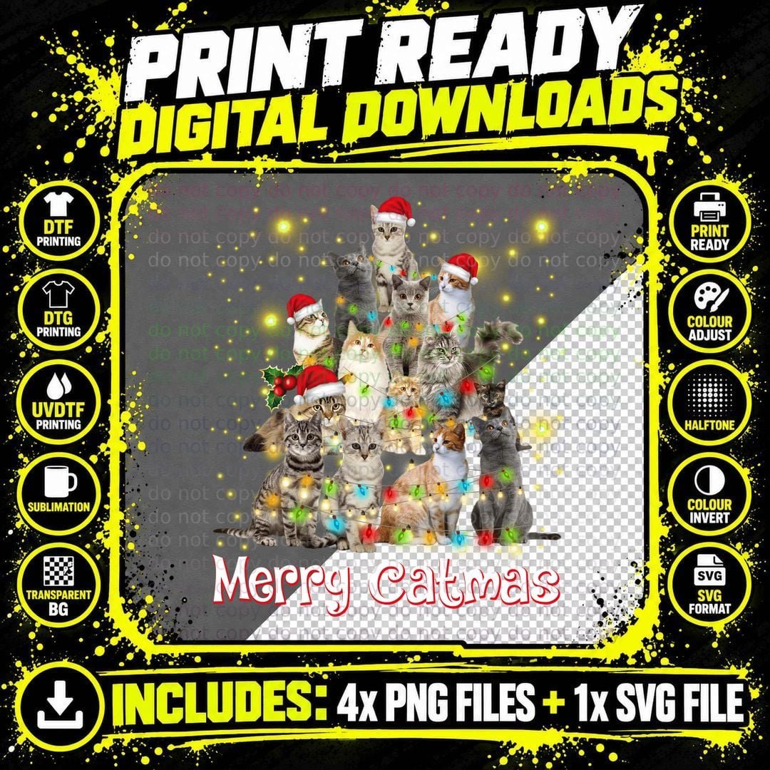 Christmas Cats T-Shirt, Festive Pet Print Png SVG Digital Bundle