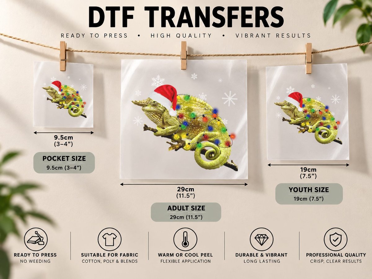 Christmas Chameleon, Festive Animal Design, Pet Lover DTF Transfer Iron On