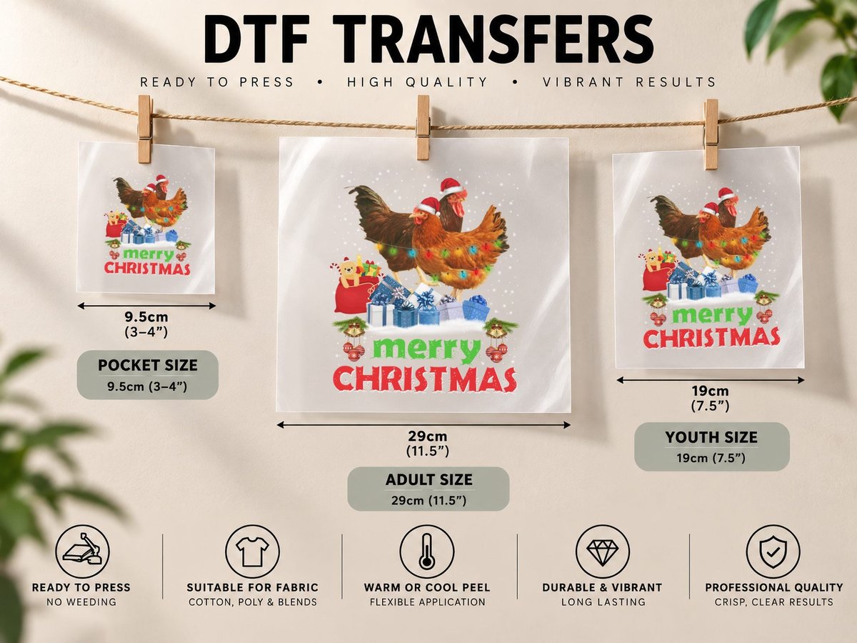 Christmas Chicken, Festive Farm Animal, Holiday Gift Idea DTF Transfer Iron On