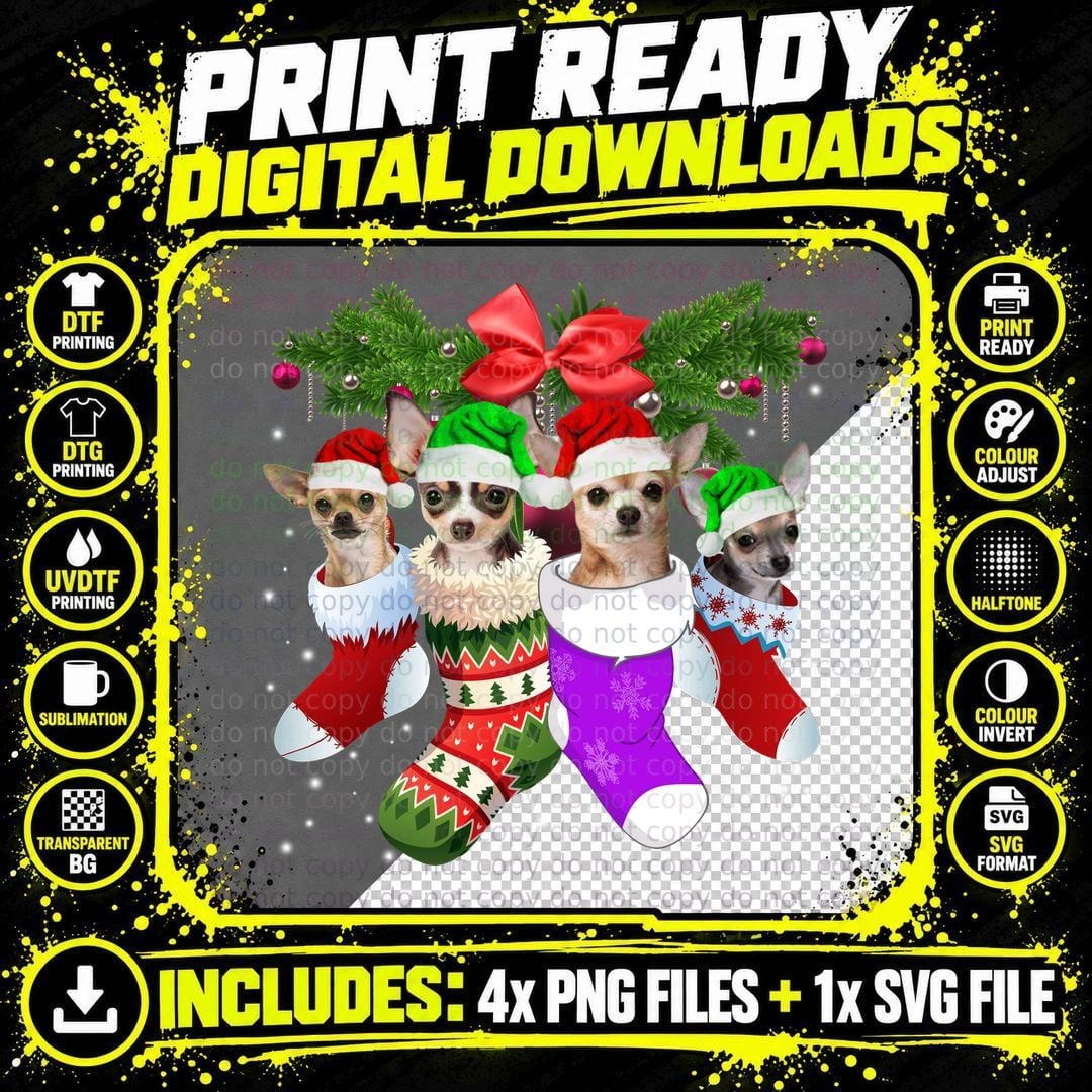 Christmas Chihuahua in Stockings T-Shirt Png SVG Digital Bundle