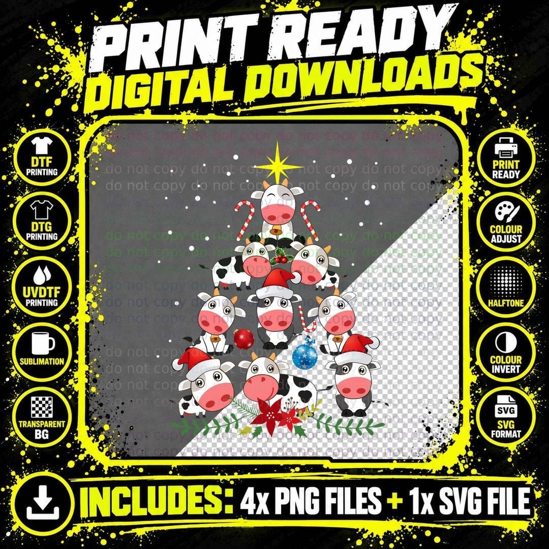 Christmas Cow Pyramid T-Shirt, Festive Holiday Design Png SVG Digital Bundle