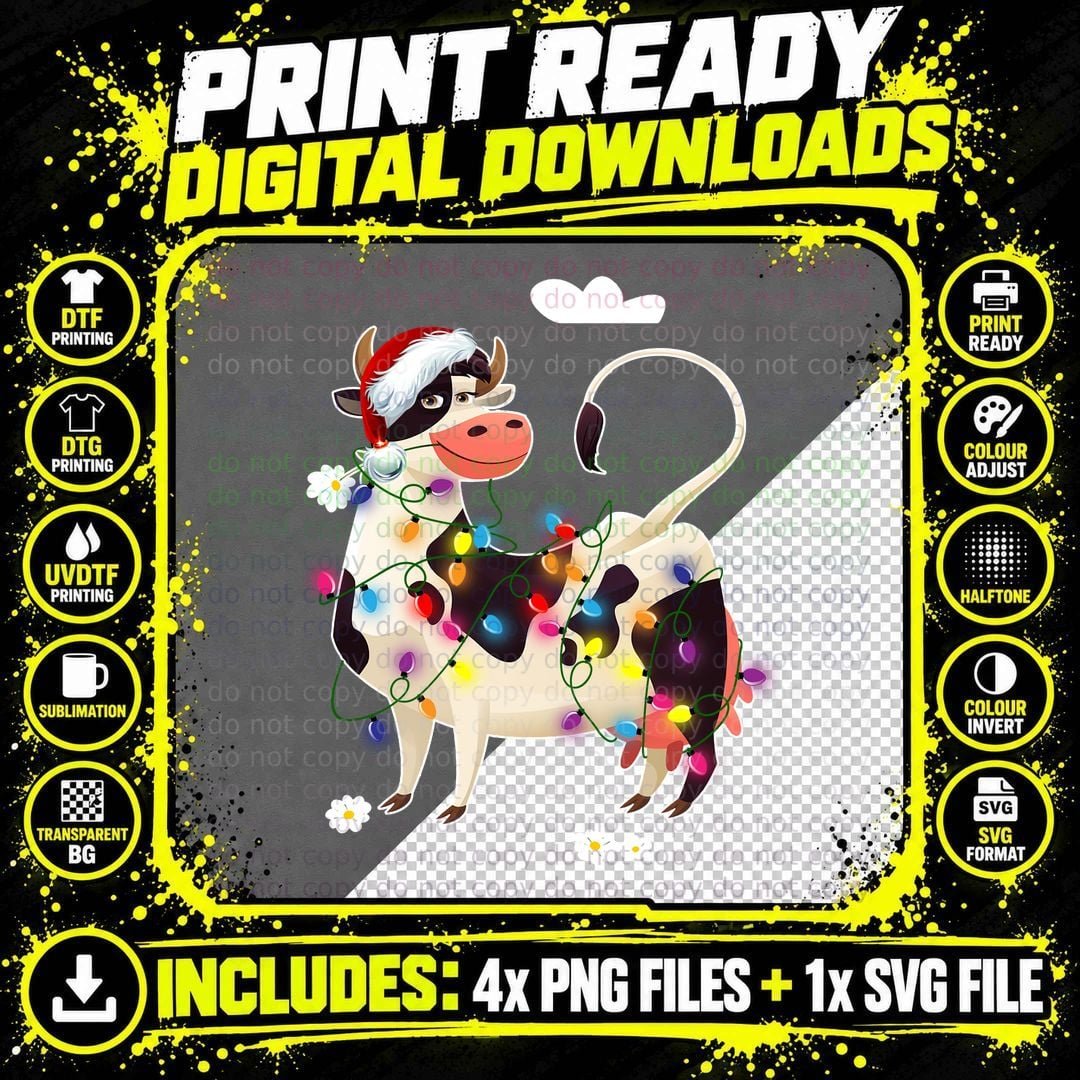 Christmas Cow T-Shirt, Festive Holiday Print Png SVG Digital Bundle