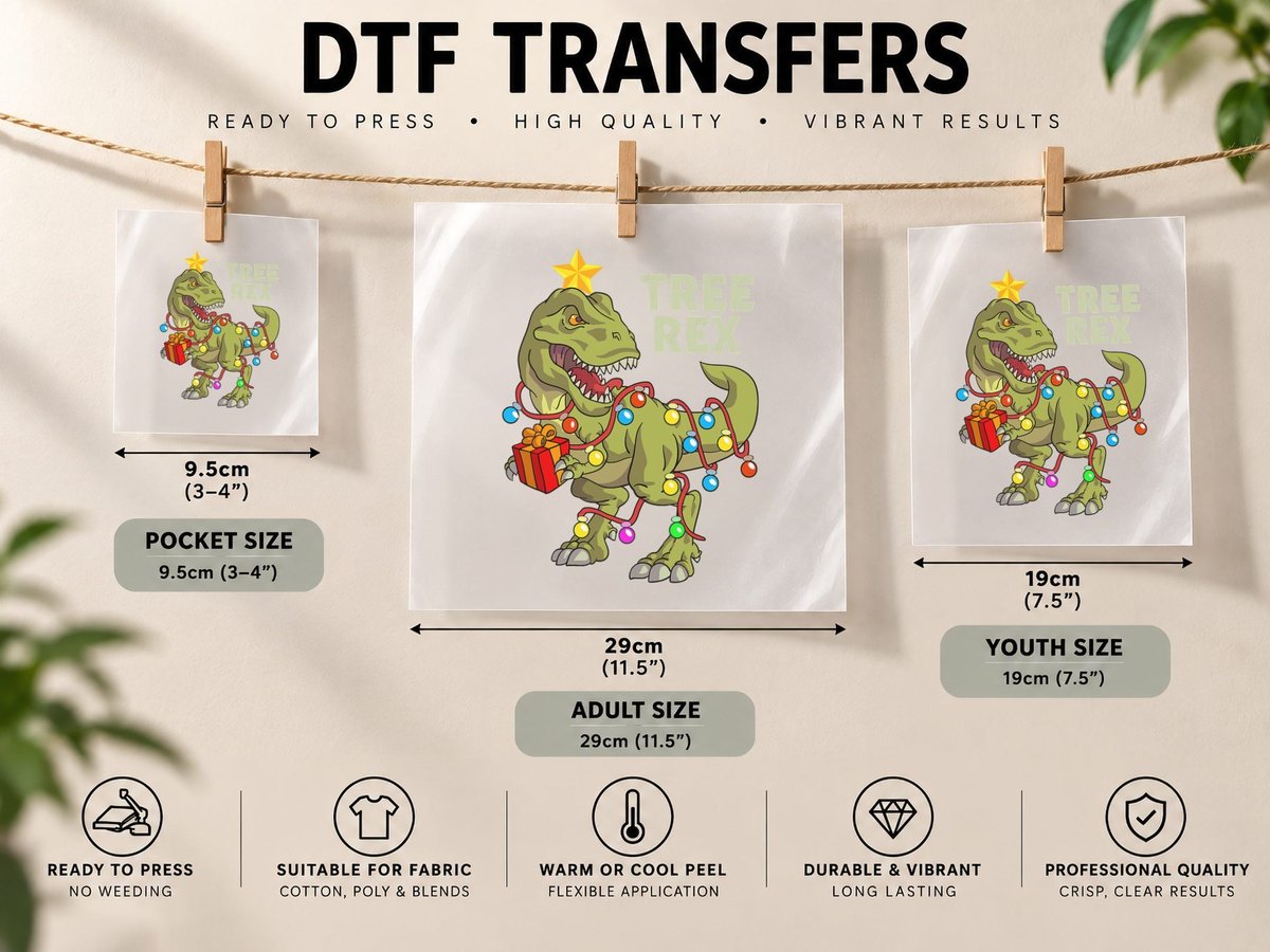 Christmas Dinosaur Kids Boys Men Christmas Lights Tree Rex DTF Transfer Iron On