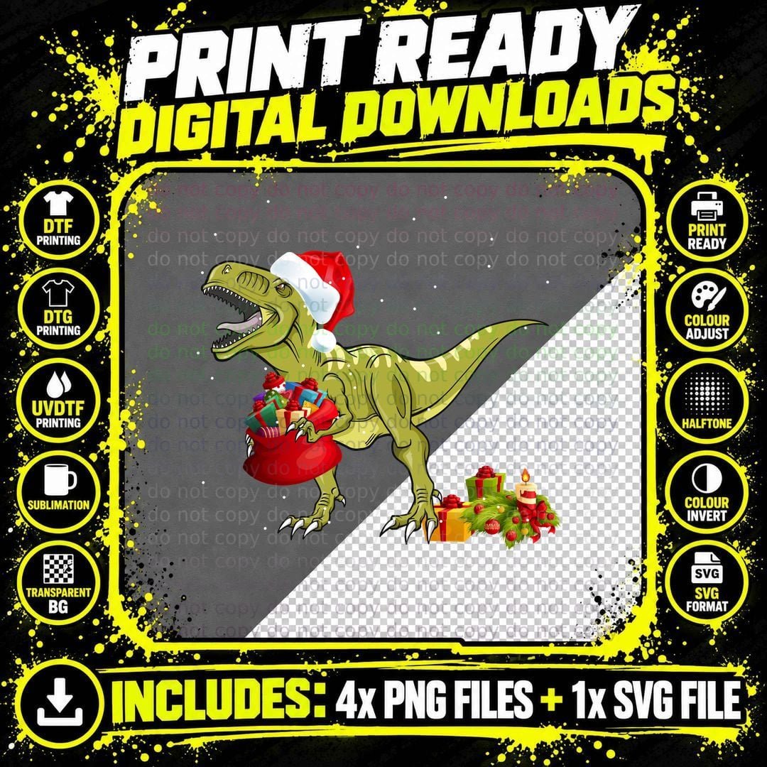 Christmas Dinosaur Santa Hat T-Shirt Png SVG Digital Bundle