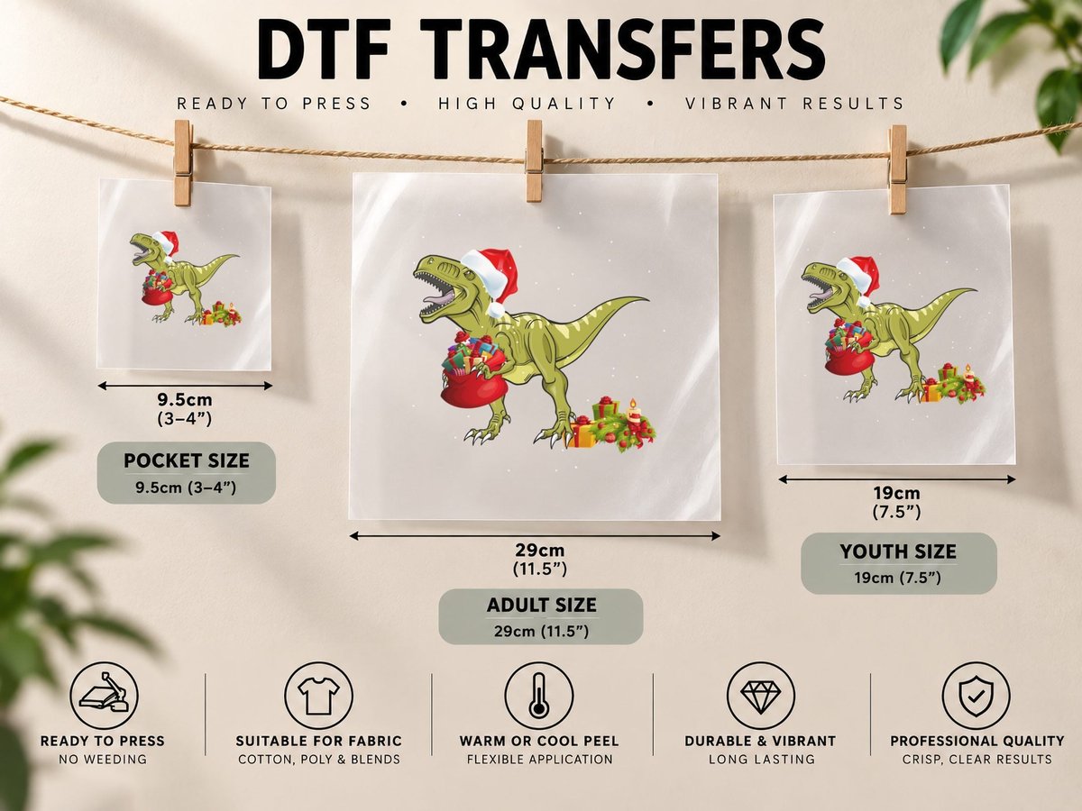 Christmas Dinosaur Santa Hat, Festive Holiday Design DTF Transfer Iron On