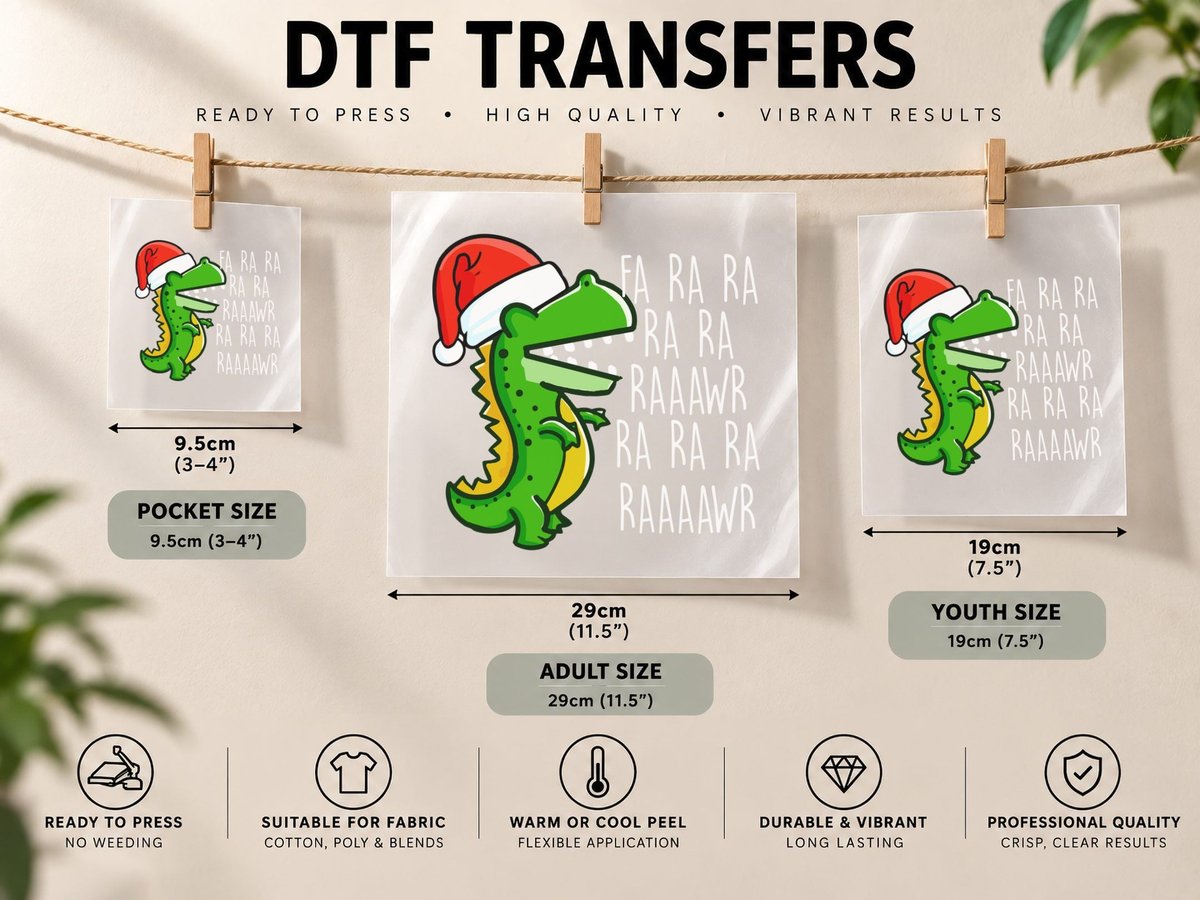 Christmas Dinosaur, Festive Holiday Design, Pet Lover DTF Transfer Iron On