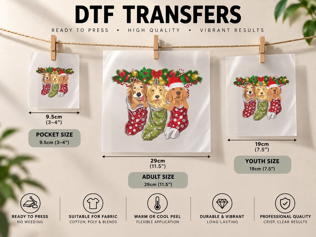 Christmas Dogs in Stockings, Festive Holiday Print DTF Transfer Iron On