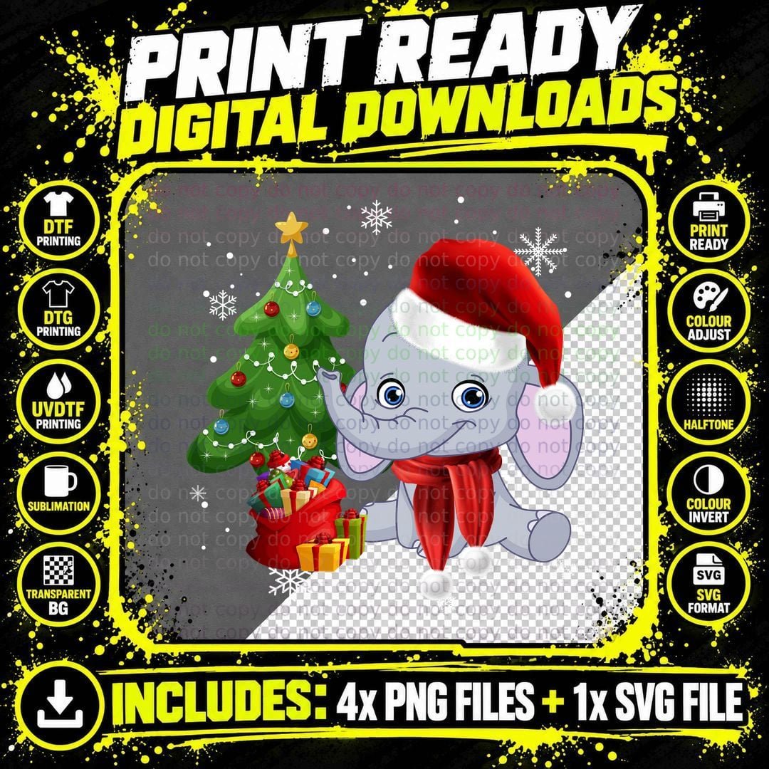 Christmas Elephant Santa Hat T-Shirt Png SVG Digital Bundle