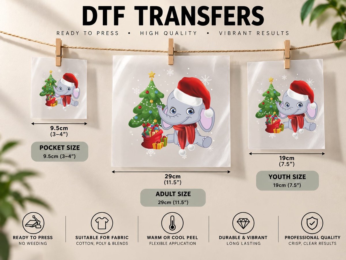 Christmas Elephant Santa Hat, Festive Holiday Style DTF Transfer Iron On