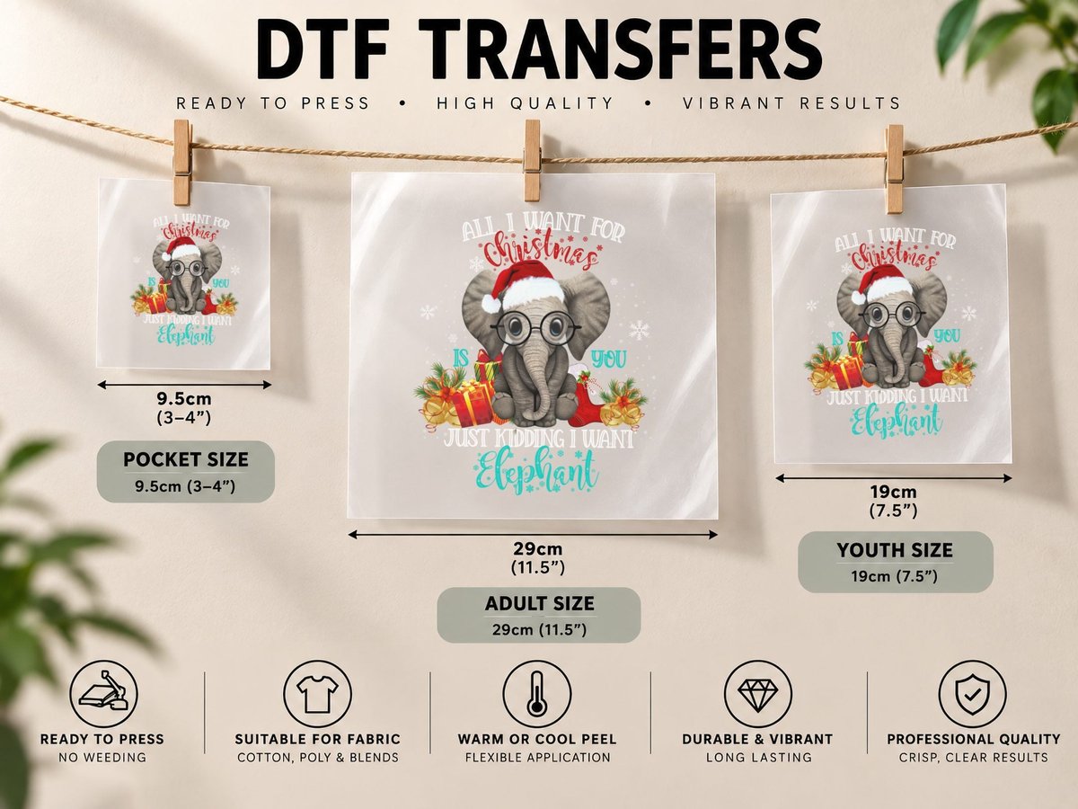 Christmas Elephant, Festive Holiday Style, Pet Lover DTF Transfer Iron On
