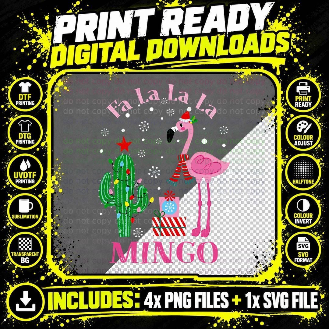 Christmas Flamingo Cactus T-Shirt, Festive Holiday Print Png SVG Digital Bundle