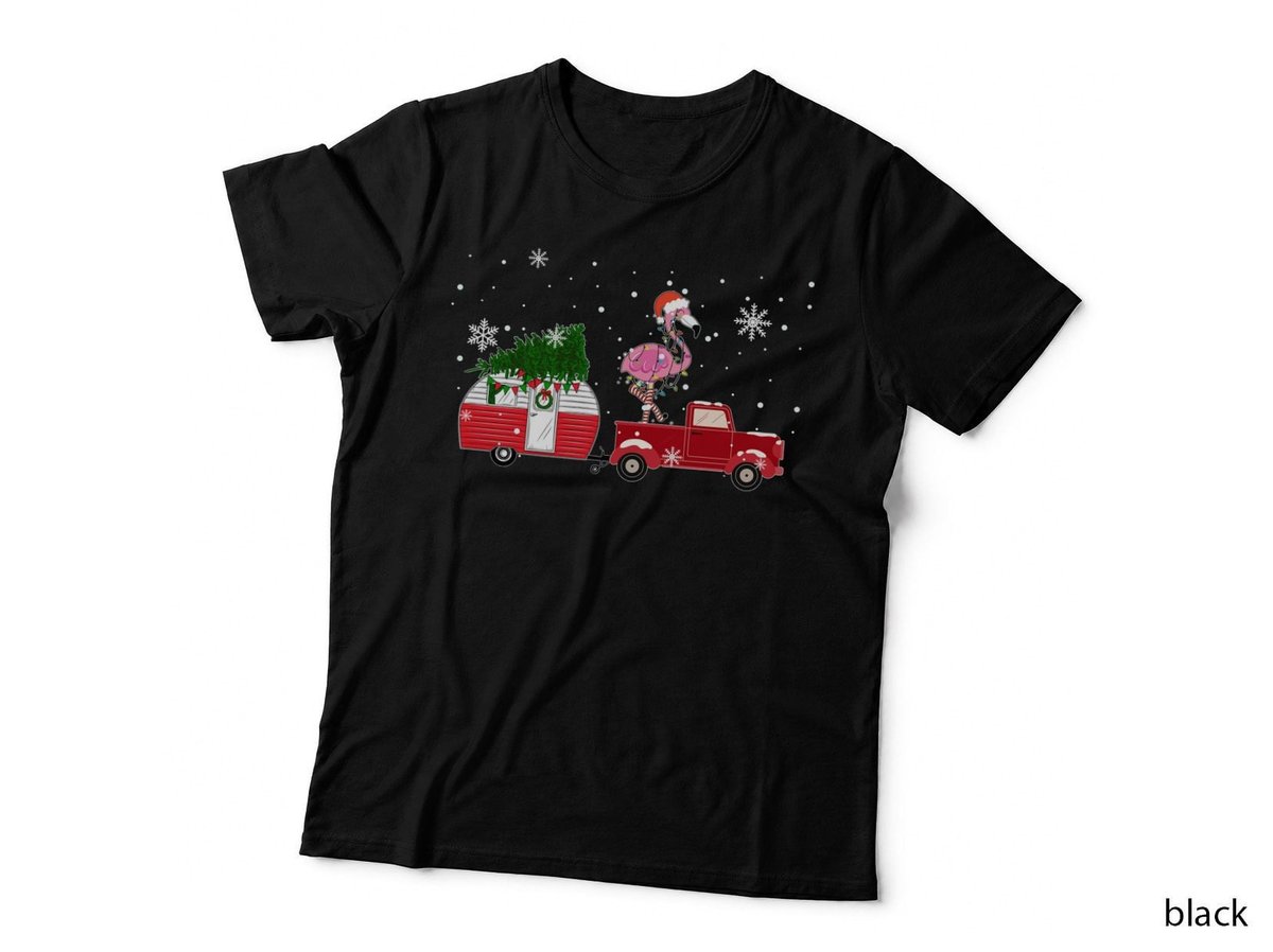 Christmas Flamingo Camper T-Shirt, Festive Holiday Style, Pet Lover Apparel