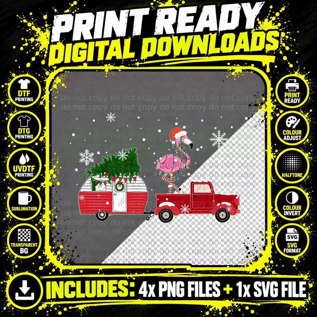 Christmas Flamingo Camper T-Shirt, Festive Holiday Style Png SVG Digital Bundle