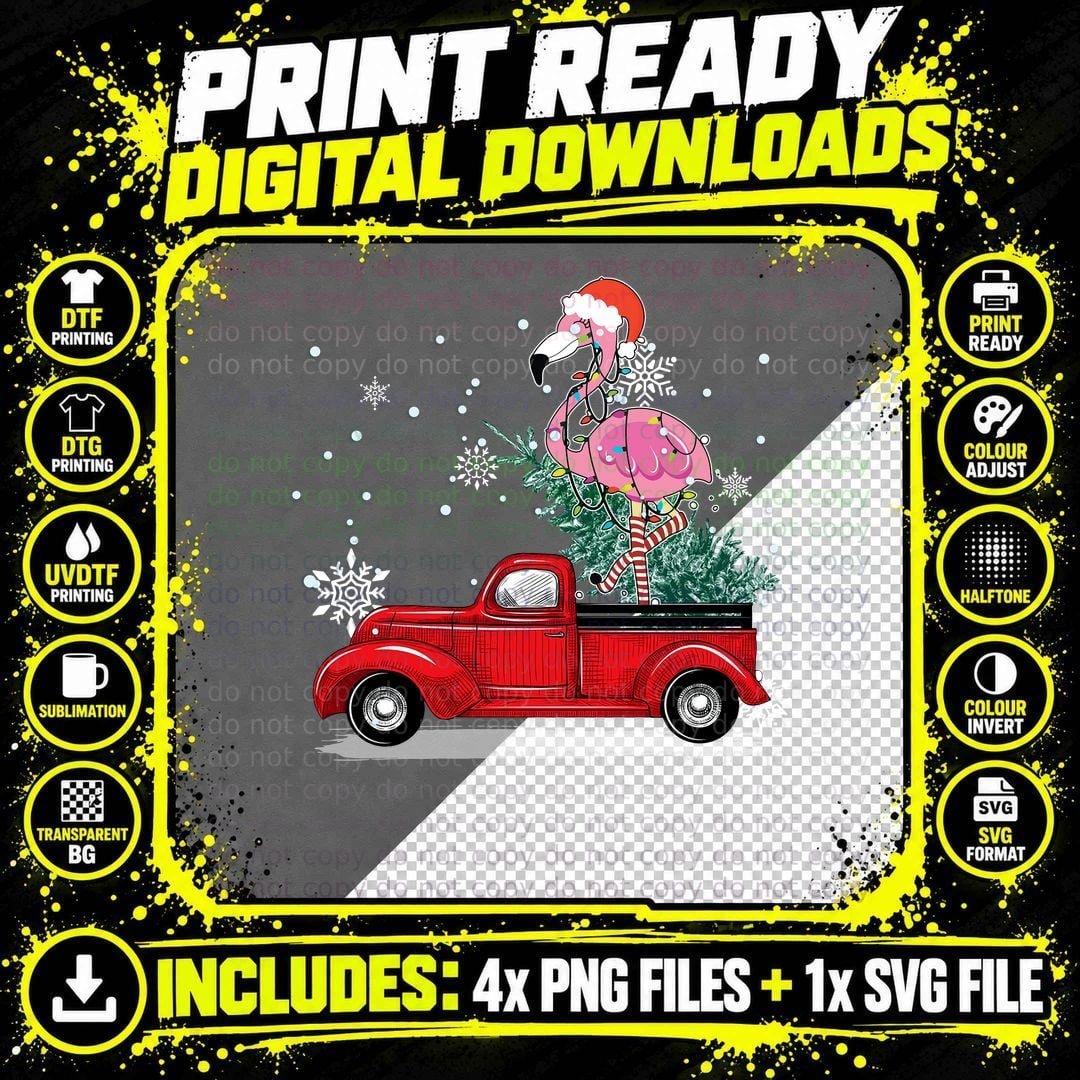 Christmas Flamingo Tree Pickup Truck T-Shirt Png SVG Digital Bundle