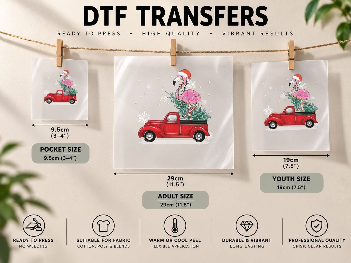 Christmas Flamingo Tree Pickup Truck, Festive Holiday Style DTF Transfer Iron On