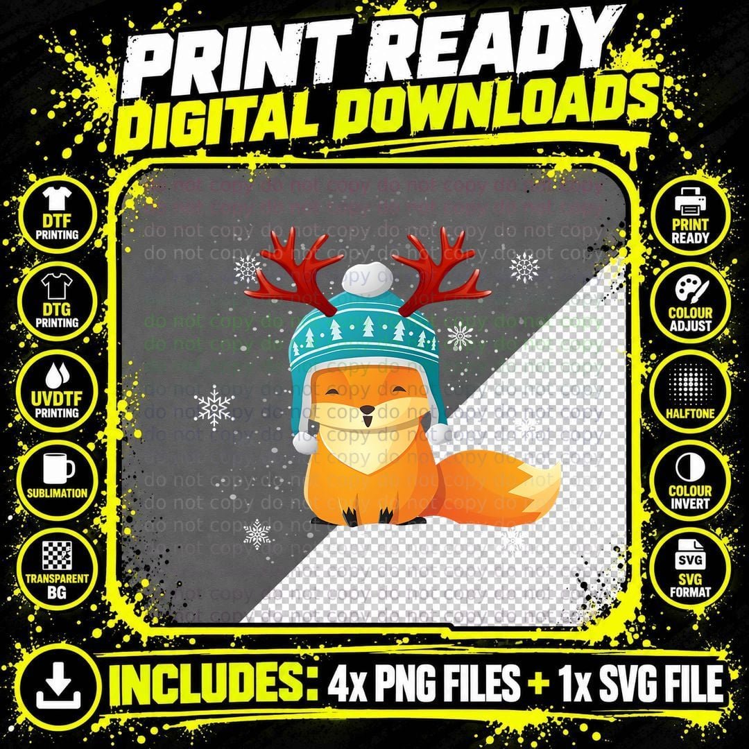 Christmas Fox Reindeer T-Shirt, Festive Holiday Style Png SVG Digital Bundle