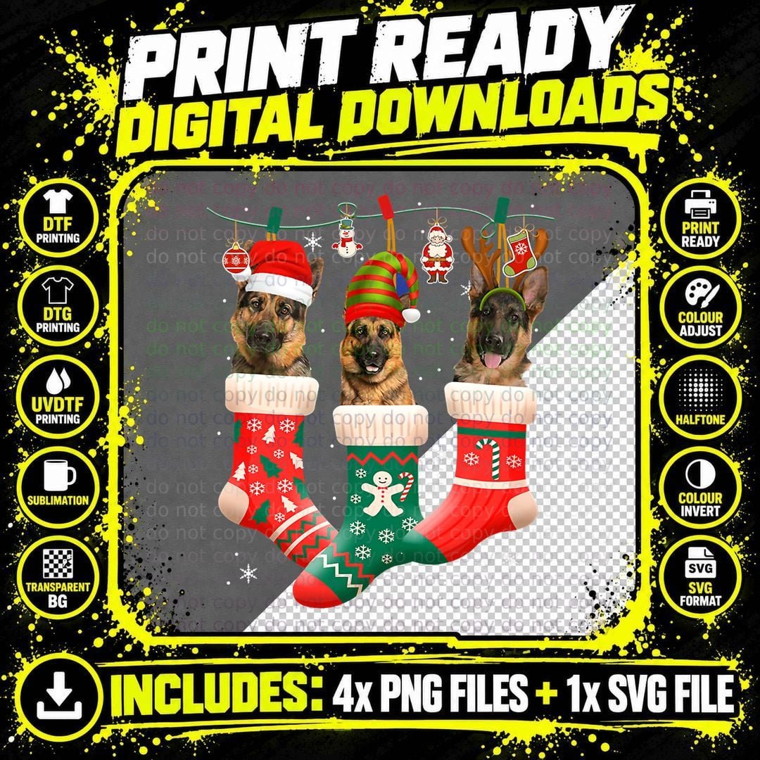 Christmas German Shepherd Sock Xmas Reindeer Santa ELF Png SVG Digital Bundle
